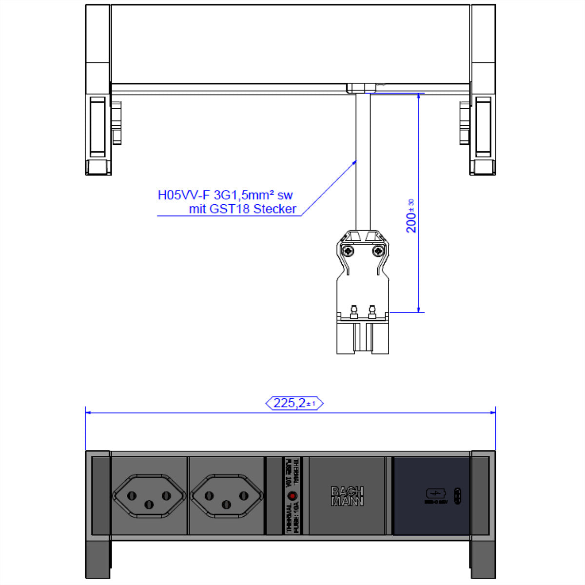 Bachmann DESK2 Steckdoseneinheit – 2×T13, USB‑C 30 W, Tisch/Einbau