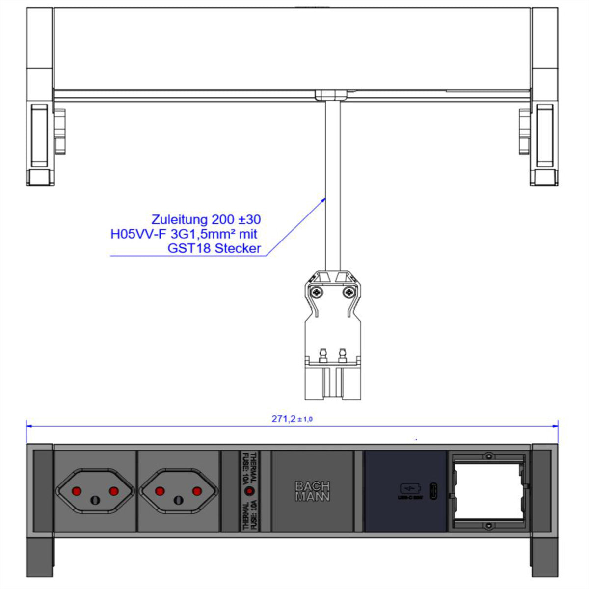 Bachmann DESK2 Steckdoseneinheit – 2×T13, USB-C 30 W, Aufbau, GST18, 0,2 m