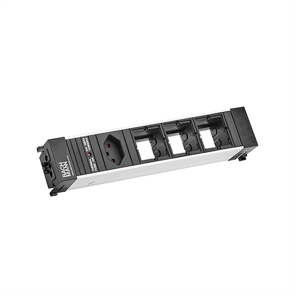 Bachmann CONFERENCE Einbausteckdosenleiste (1×T13 + 3×Custom‑Module), Einbau, GST18 Eingang – Schwarz/Silber