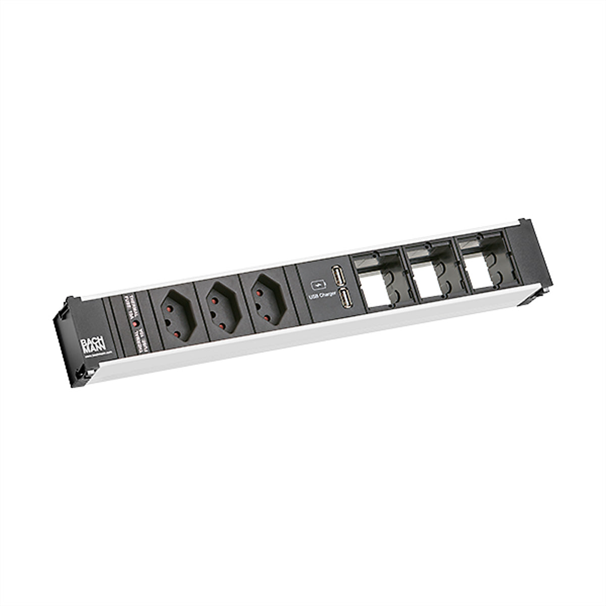Bachmann CONI Einbausteckdosenleiste, 3×T13, 1×USB-Doppelcharger 5 V DC/3,1 A, Einbau, 0,2 m – Schwarz/Silber