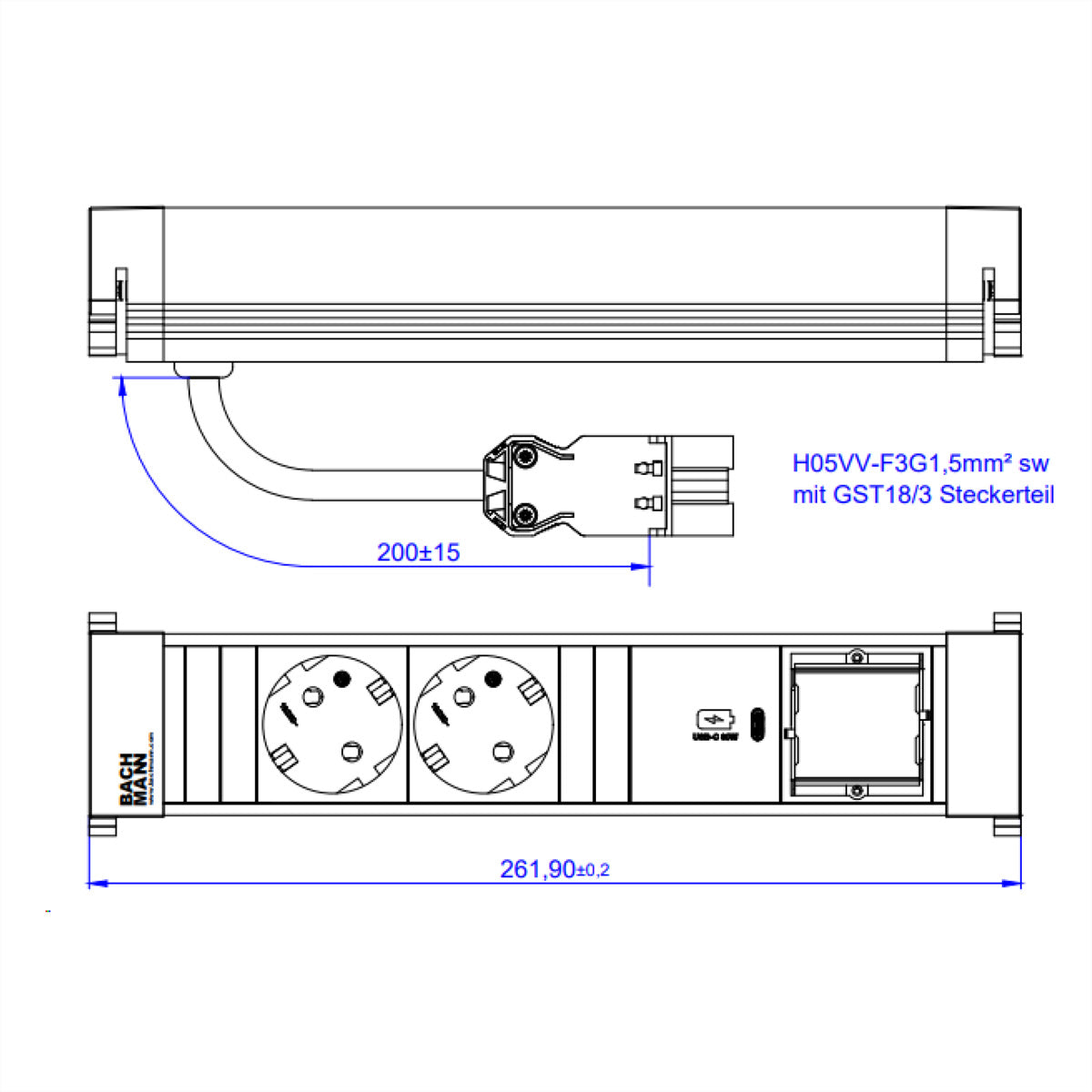 Bachmann Power Frame M Steckdosenleiste CEE7/3×2 – USB‑C×1, 30 W – 0,2 m Kabel