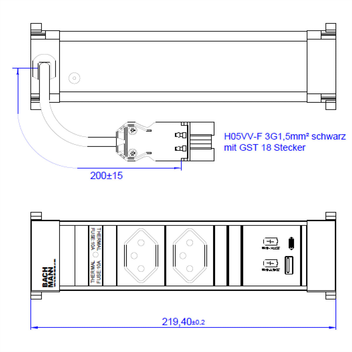 Bachmann POWER FRAME S Einbausteckdosenleiste – 2×T13, 2×USB 22 W, Einbau, Eingang GST18, 0,2 m