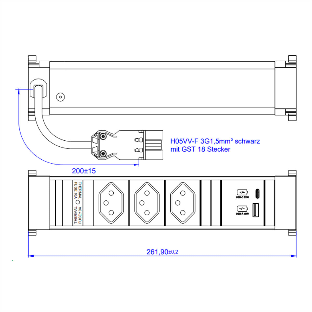 Bachmann POWER FRAME Steckdoseneinheit – 3×T13, USB‑A + USB‑C 22 W, Einbau, GST18 Eingang, 0,2 m Zuleitung