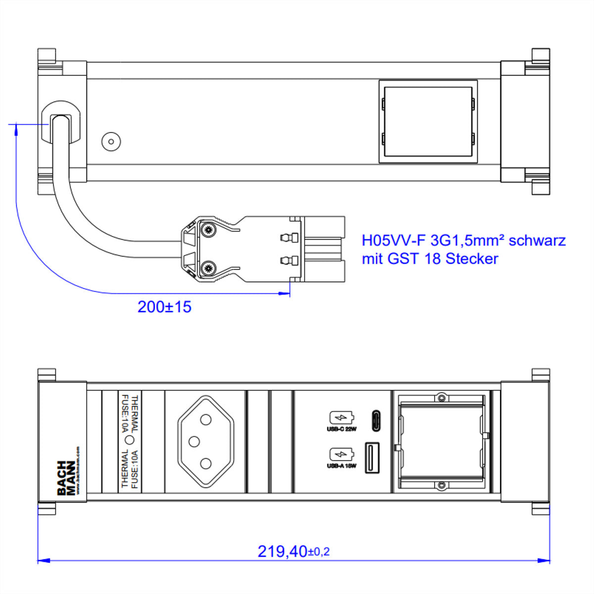 Bachmann POWER FRAME S Einbausteckdosenleiste, 1×T13, 1×USB‑A + 1×USB‑C 22 W, Einbau, 0,2 m – schwarz