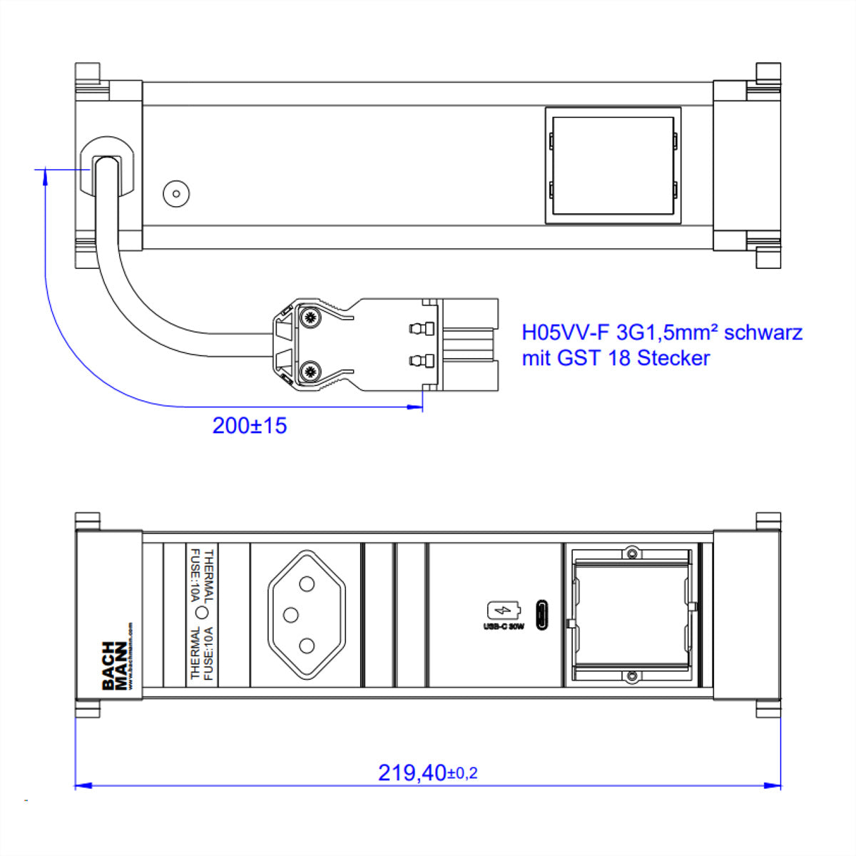 Bachmann POWER FRAME S Steckdosenleiste – 1× T13, USB‑C PD 30 W, 0,2 m, mit GST18-Stecker, Schwarz