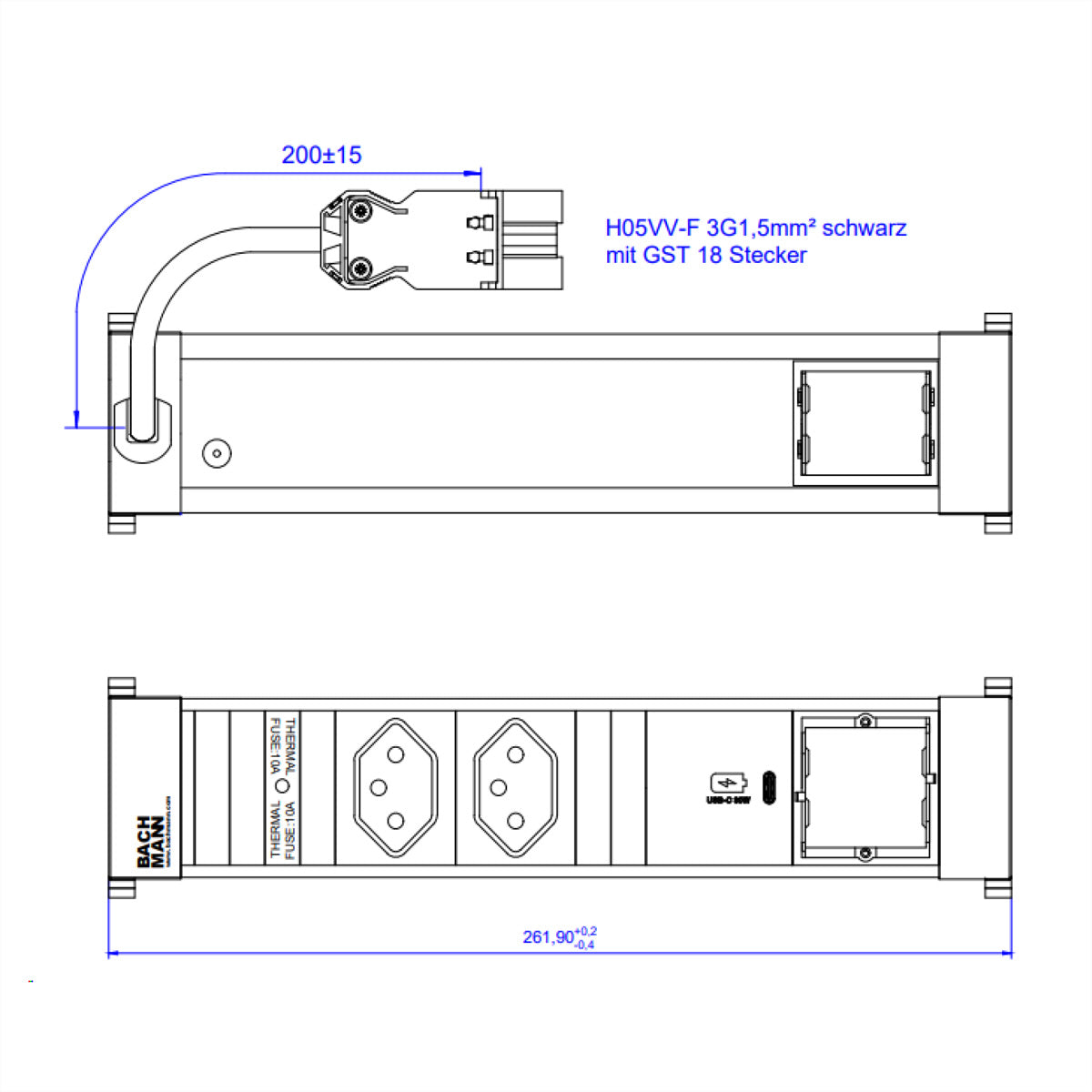 Bachmann POWER FRAME M Steckdoseneinheit – 2×T13, USB-C 30 W, Einbau