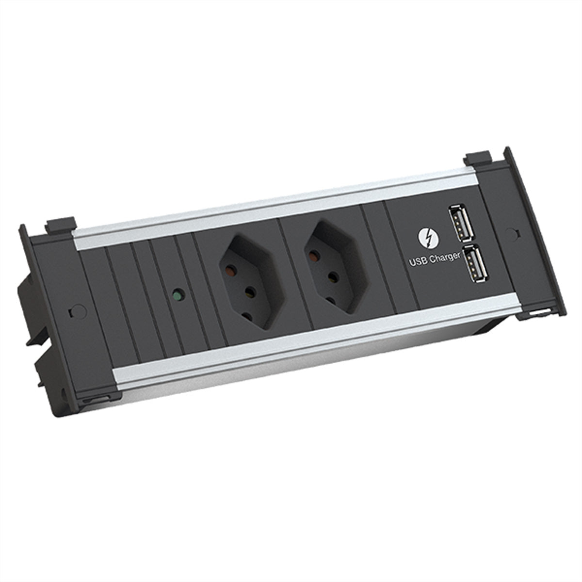 Bachmann KAPSA S Einbausteckdosenleiste, 2×T13, 2×USB-A 5 V (gesamt 3,1 A), Einbau, 2 m – Schwarz/Silber