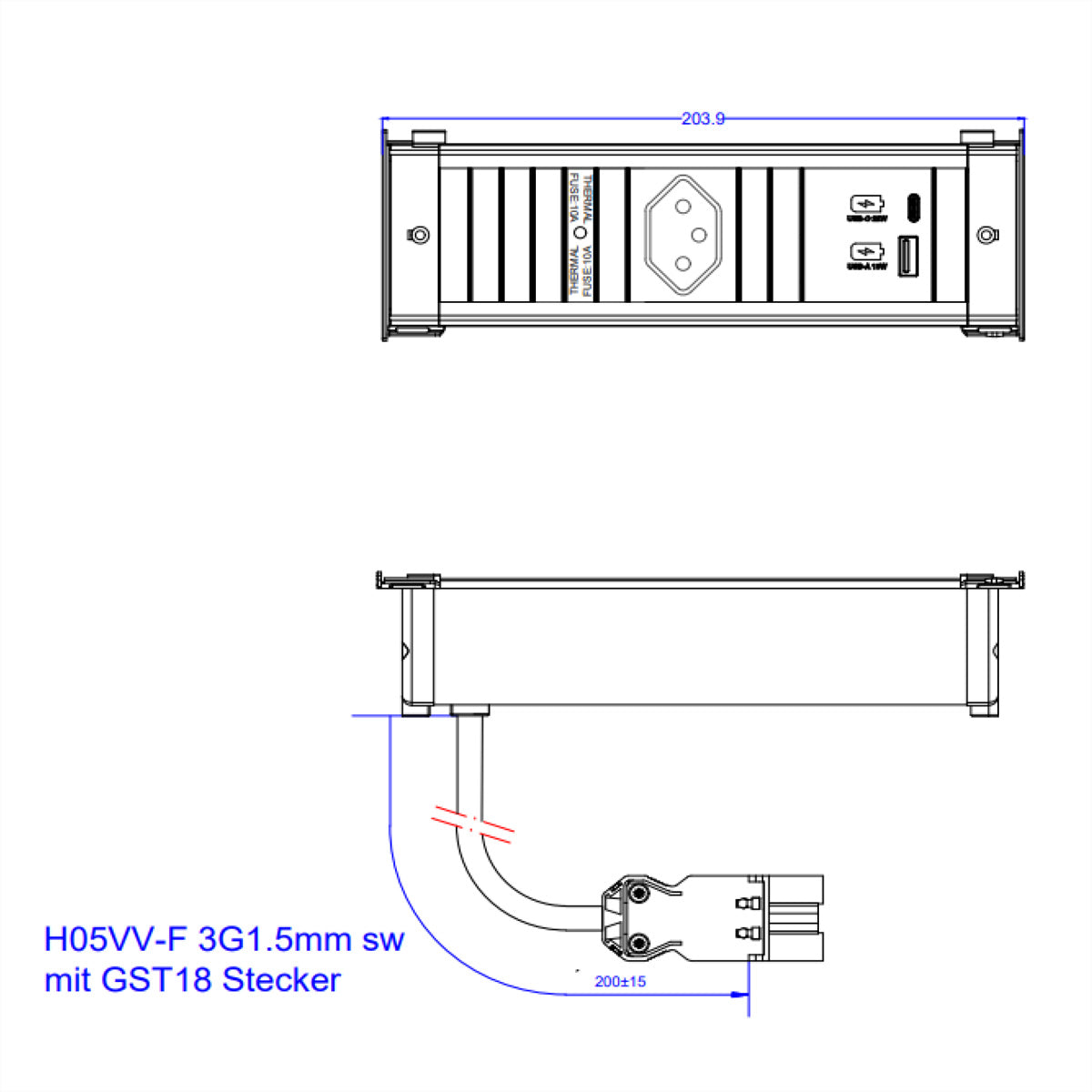 Bachmann KAPSA S Steckdosenleiste 22 W – USB-C×1, USB-A×1 – CH T13×1, Wieland GST18-Stecker – für Schweiz