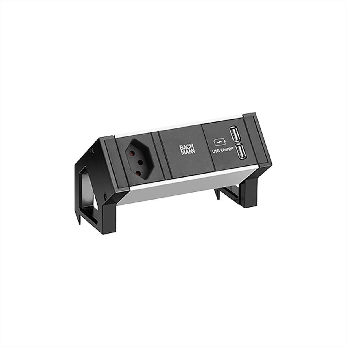 Bachmann DESK2 ALU Tischsteckdosenleiste – 1×T13, 2×USB 5 V/3,1 A, ohne Schalter, 0,2 m – schwarz/silber