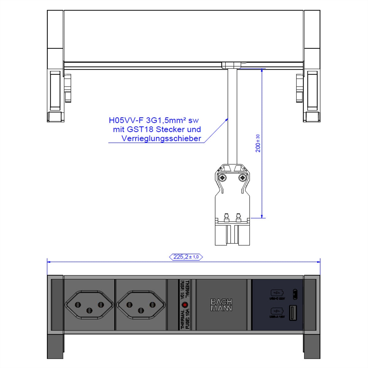 Bachmann DESK2 ALU Steckdoseneinheit – 2×T13, USB‑A/USB‑C 22 W, Tischmontage, GST18 0,2 m