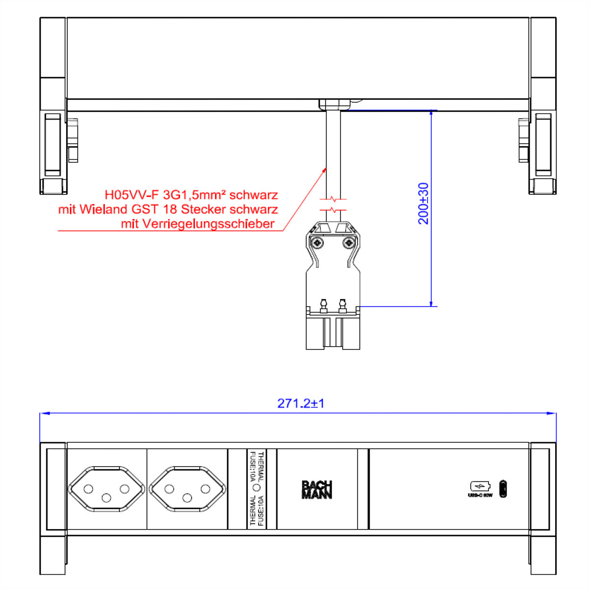 Bachmann DESK2 Tischsteckdosenleiste, 2×T13, 1×USB-C 60 W, 0,2 m, Wieland GST18 Stecker – schwarz