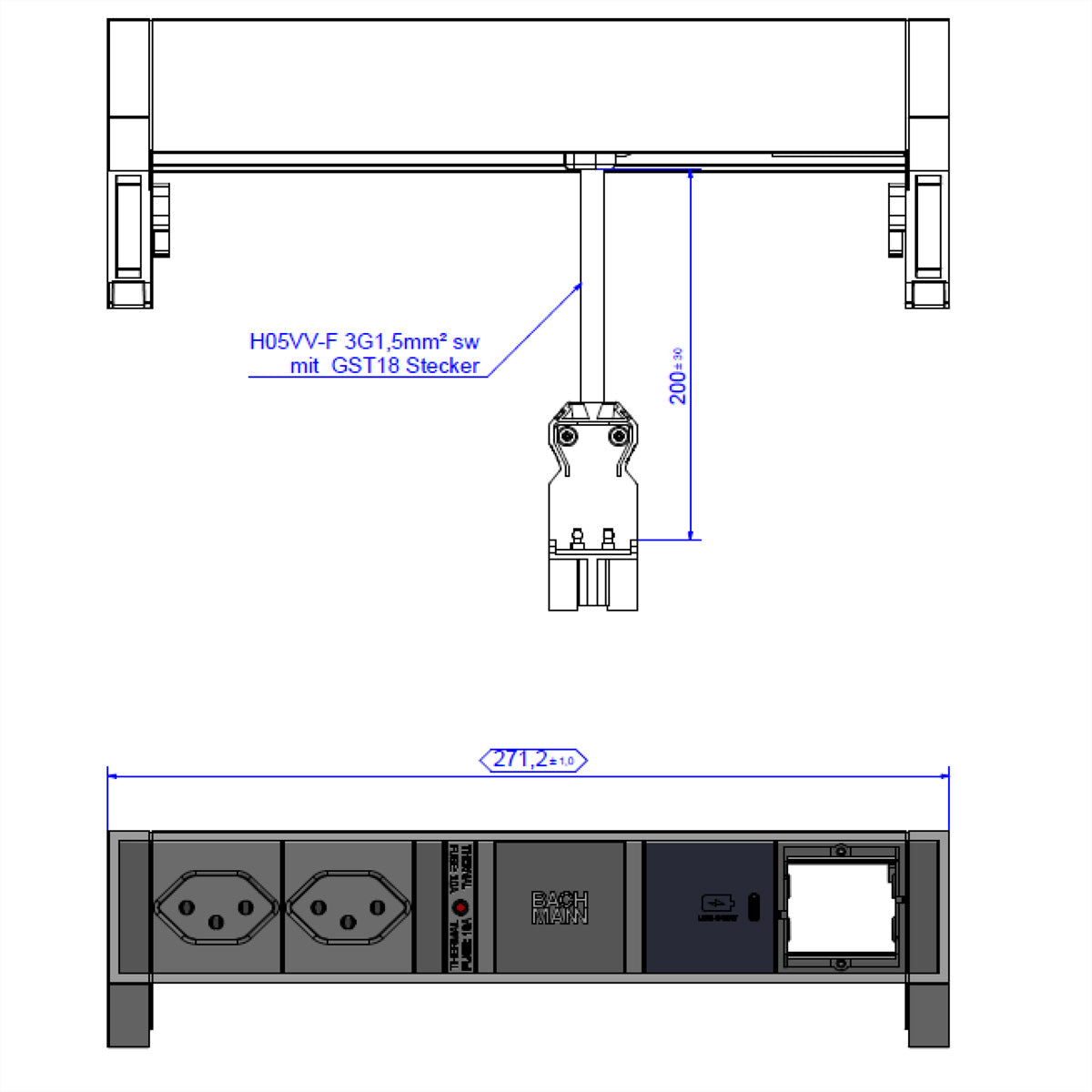 Bachmann DESK2 Steckdosenleiste – 2×T13, 1×USB‑C PD 30 W, ohne Schalter, 0,2 m, Eingang GST18 – schwarz