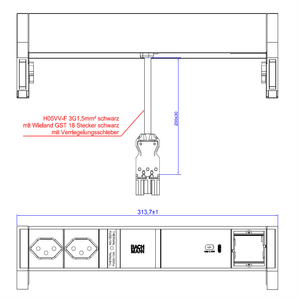 Bachmann DESK2 ALU Schwarze Steckdoseneinheit – 2×T13, USB-C 60 W, 0,2 m, Wieland GST18