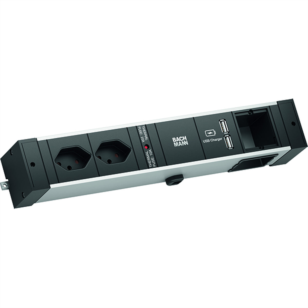 Bachmann DESK RAIL – Tischsteckdosenleiste, 2× T13, 2× USB (5 V/3,1 A), 2,0 m, Stecker GST18