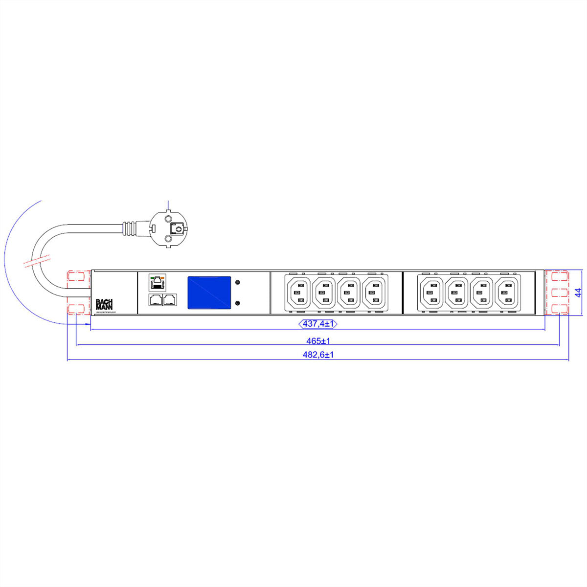 Bachmann BN2000 Rack-PDU Basic, 19" 1U, einphasig 16 A 230 V, 8×C13, Eingang CEE 7/7, 2 m – schwarz