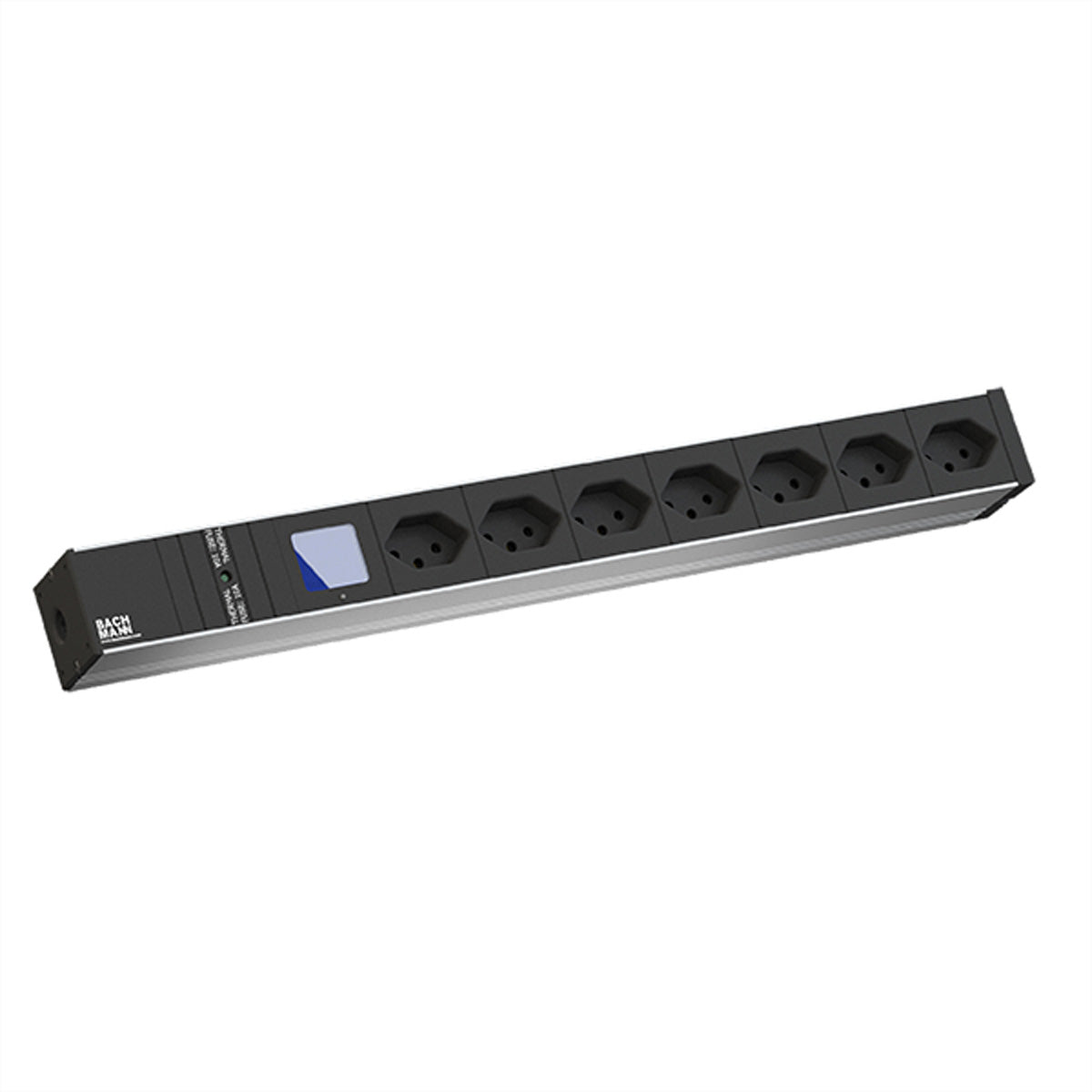 Bachmann BN0500 Steckdosenleiste 19" 1HE – T13×7 (90°), CH-Stecker (T23, 16A), Kabel 3,0 m – Schwarz