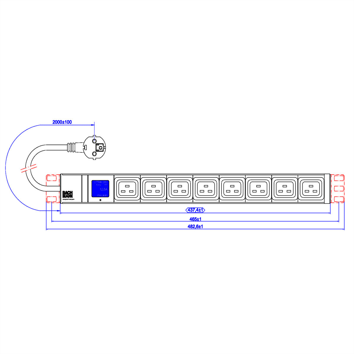 Bachmann BN0500 Rack-PDU – Metered 19" 1U, einphasig 3,7 kW, 8×C19 – schwarz