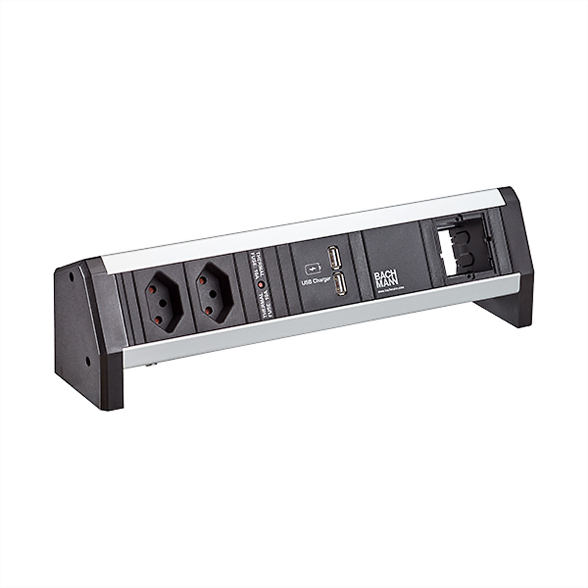 Bachmann DESK 2 – Tischsteckdosenleiste, 2× T13, 2× USB, Stecker GST18, mit 10 A Sicherung