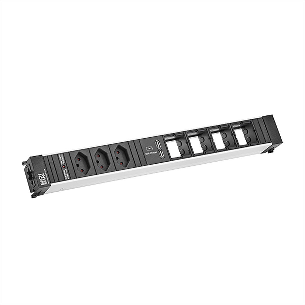 Bachmann CONFERENCE Einbausteckdosenleiste, 3×T13, 1×USB‑A 5 V 3,1 A, Einbau – Schwarz/Silber