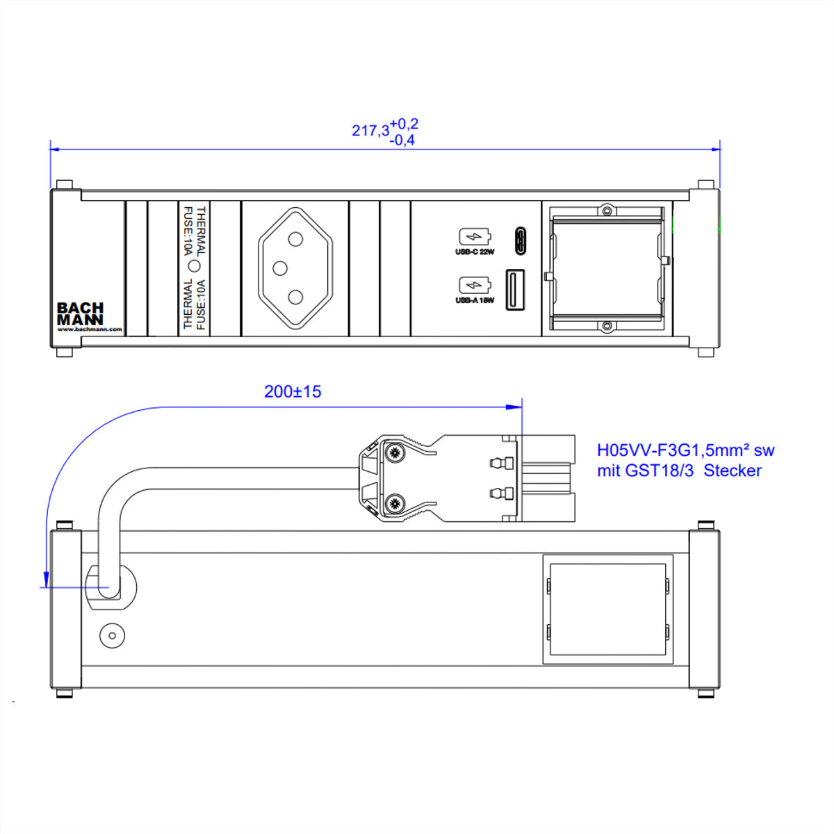 Bachmann CONI Steckdoseneinheit – 1×T13, USB‑A/USB‑C 22 W, Einbau, GST18