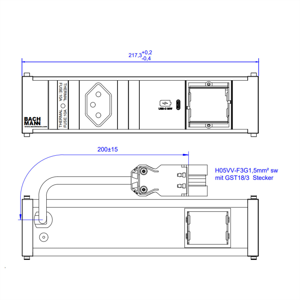 Bachmann CONI – Einbau-Anschlussfeld, 1× T13, 1× USB-C 30W, 0,2 m, Stecker GST18 (Wieland)
