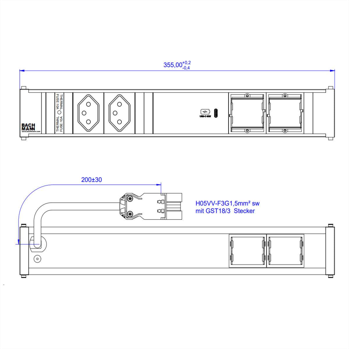 Bachmann CONI Steckdoseneinheit – 2×T13, USB-C 60 W, Einbau, Wieland GST18