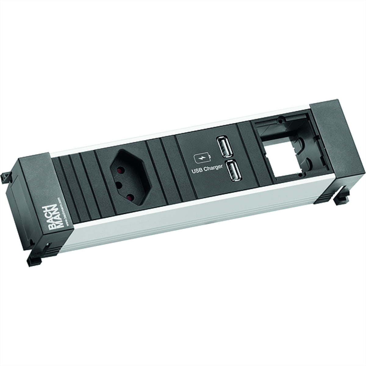 Bachmann POWER FRAME Steckdoseneinheit – 1×T13, USB‑A 15,5 W, Einbau, 0,2 m (GST18), Schwarz/Silber