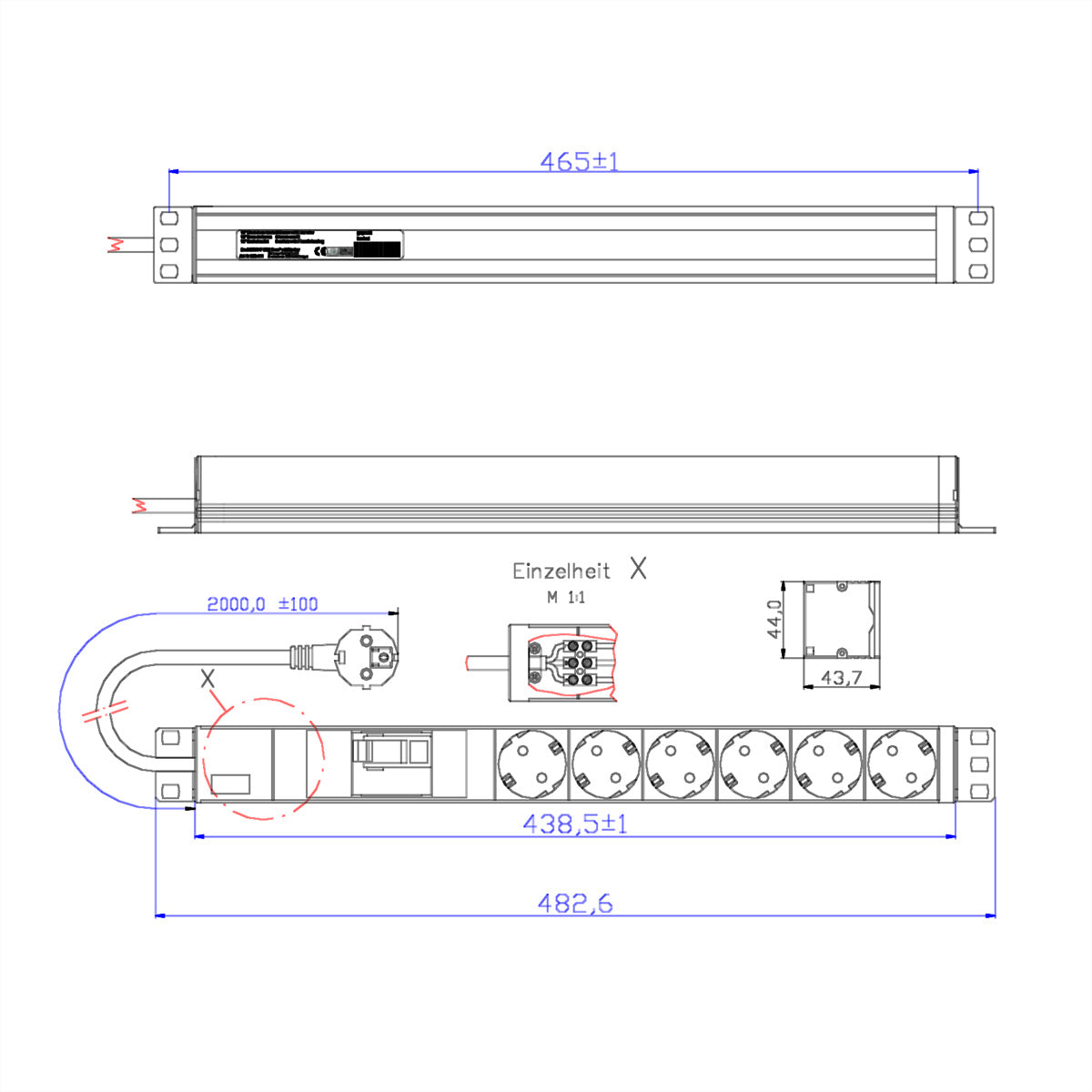 Bachmann 19" 1HE Steckdosenleiste 6× Schutzkontakt (CEE 7/3) – FI‑Schutzschalter 25 A/30 mA – Schutzkontaktwin
