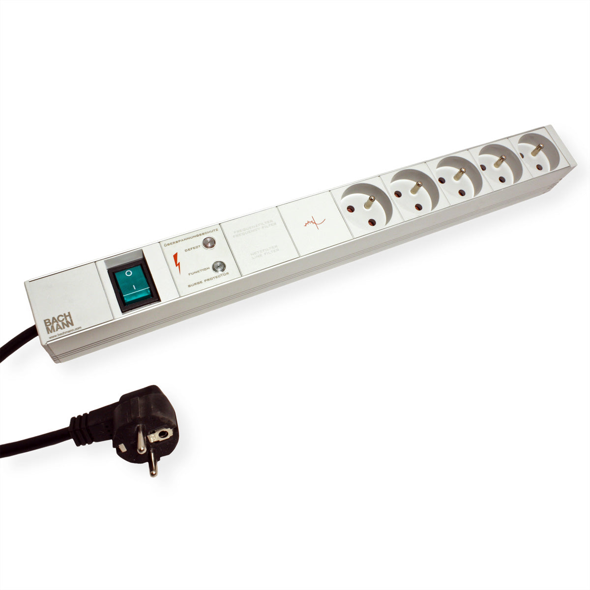 Bachmann 19" Steckdosenleiste 1U, UTE×5 – Schalter, Überspannungsschutz, Netzfilter – 2 m Kabel, Schutzkontakt