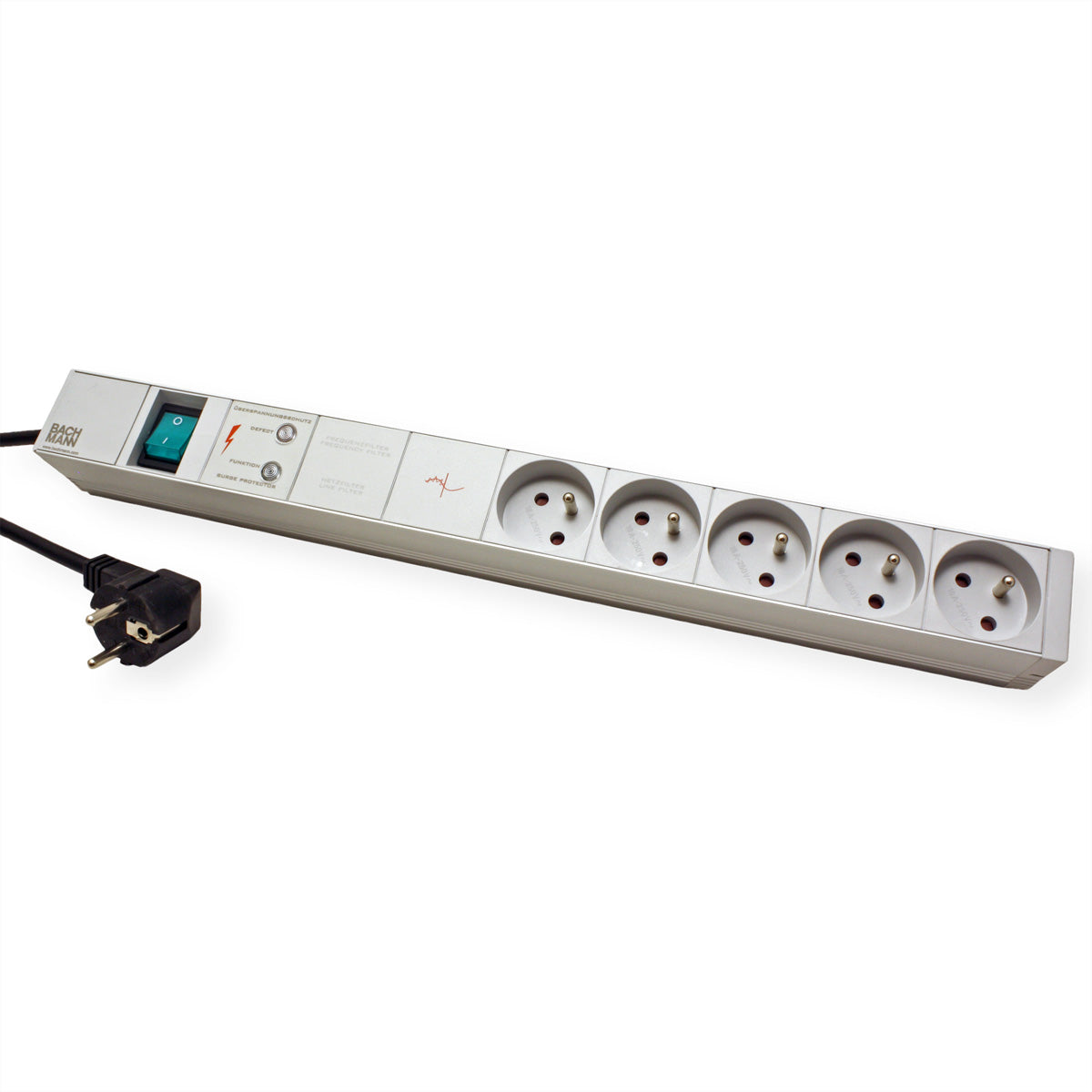 Bachmann 19" Steckdosenleiste 1U, UTE×5 – Schalter, Überspannungsschutz, Netzfilter – 2 m Kabel, Schutzkontakt