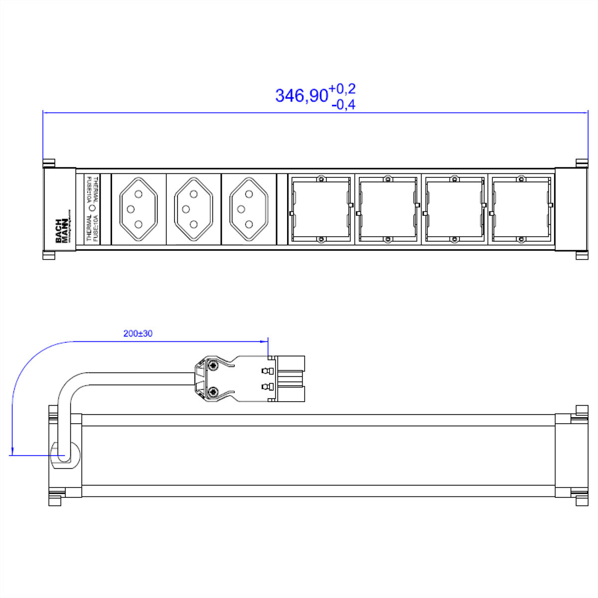 Bachmann Power Frame Einbausteckdosenleiste, 3×T13, Einbau, 0,2 m – Schwarz, Metallisch