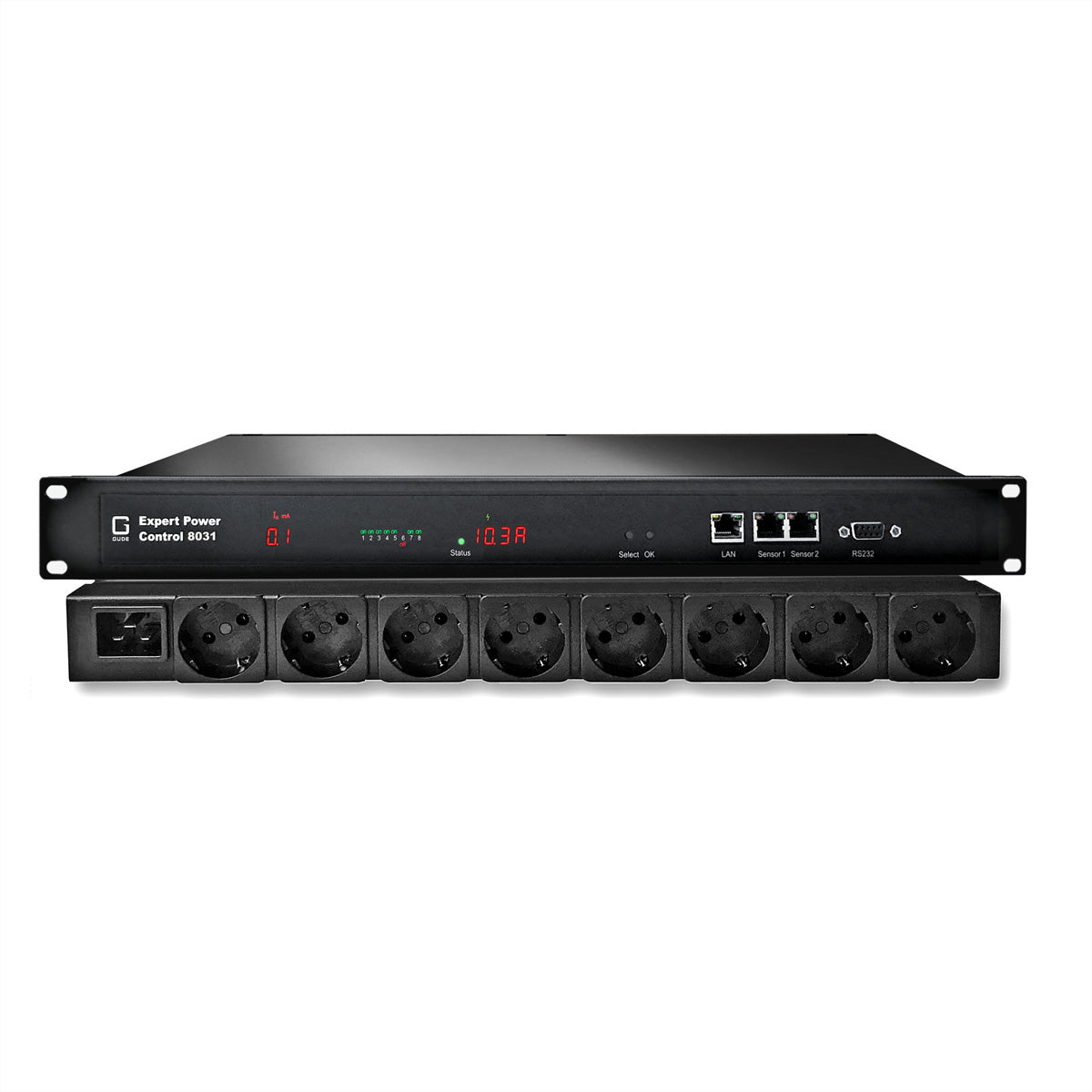 Güde Gude 8031-3 IP-PDU 3600 W – 19" Rack 1 HE – Schutzkontakt×8 (Typ F), IEC C20, Sensor×2 – SNMPv3