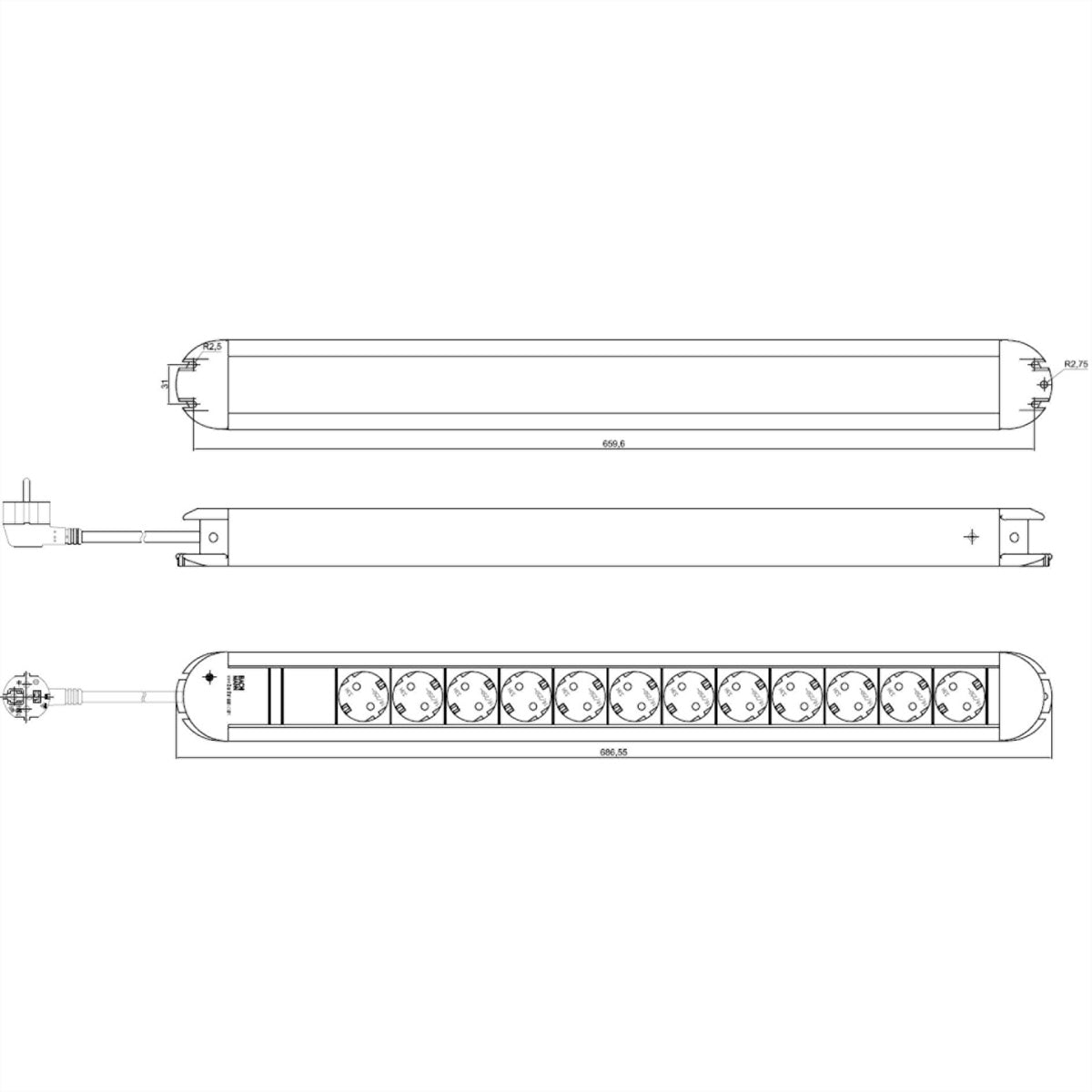Bachmann PRIMO – Steckdosenleiste, 12× T13, 1,75 m, Stecker Schutzkontakt-Winkelstecker, Aluminium