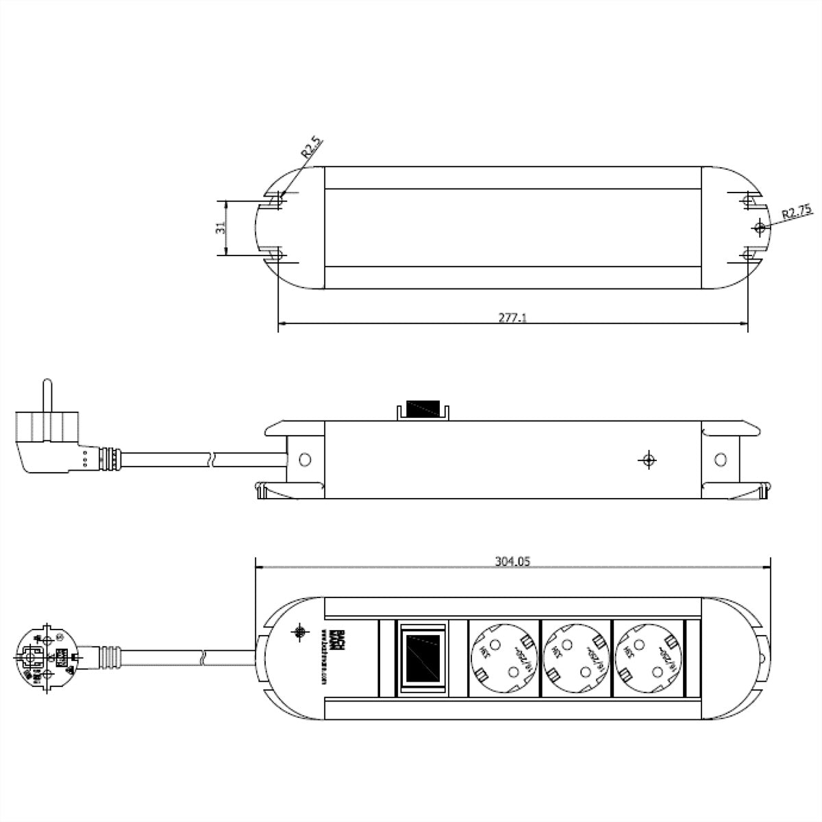 Bachmann PRIMO – Steckdosenleiste, 3× T13, mit beleuchtetem 2-poligem Schalter, 1,75 m