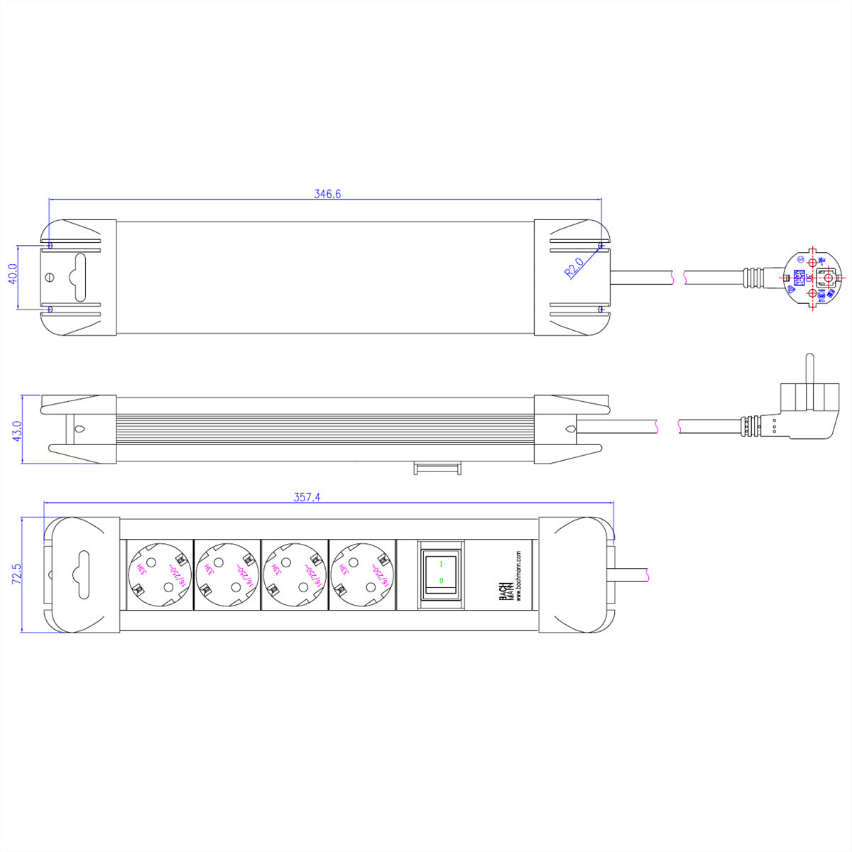 Bachmann CONNECTUS – Steckdosenleiste, 4× Schuko (Typ F), mit Schalter, 2 m, Stecker Schutzkontakt-Winkelstecker