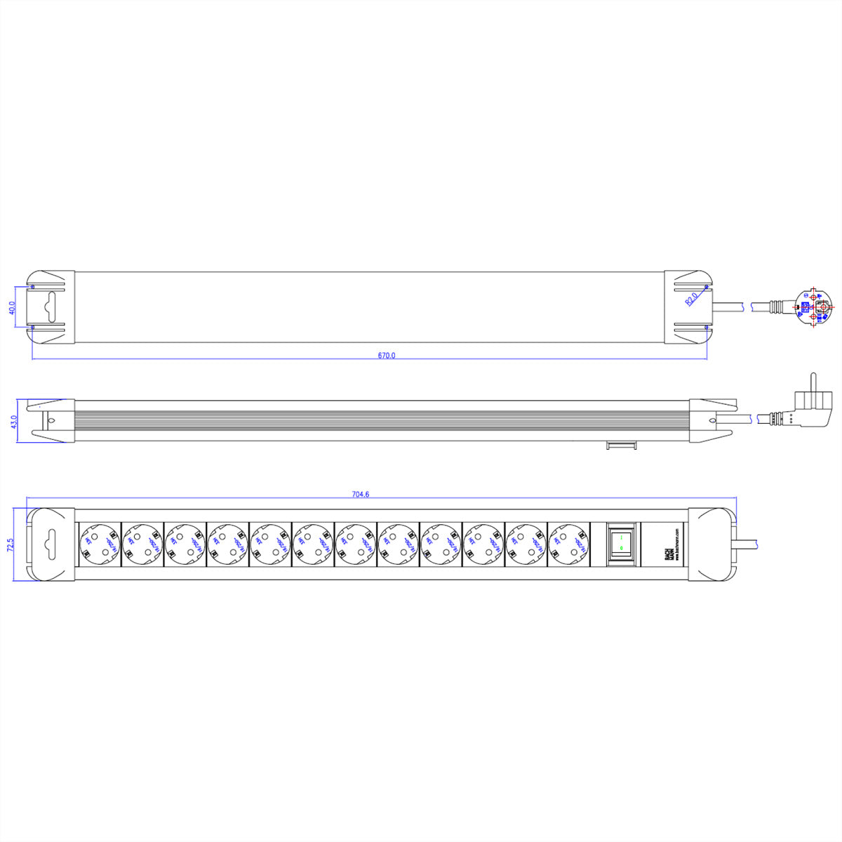 Bachmann Steckdosenleiste – 12×T13, 2 m, Schalter