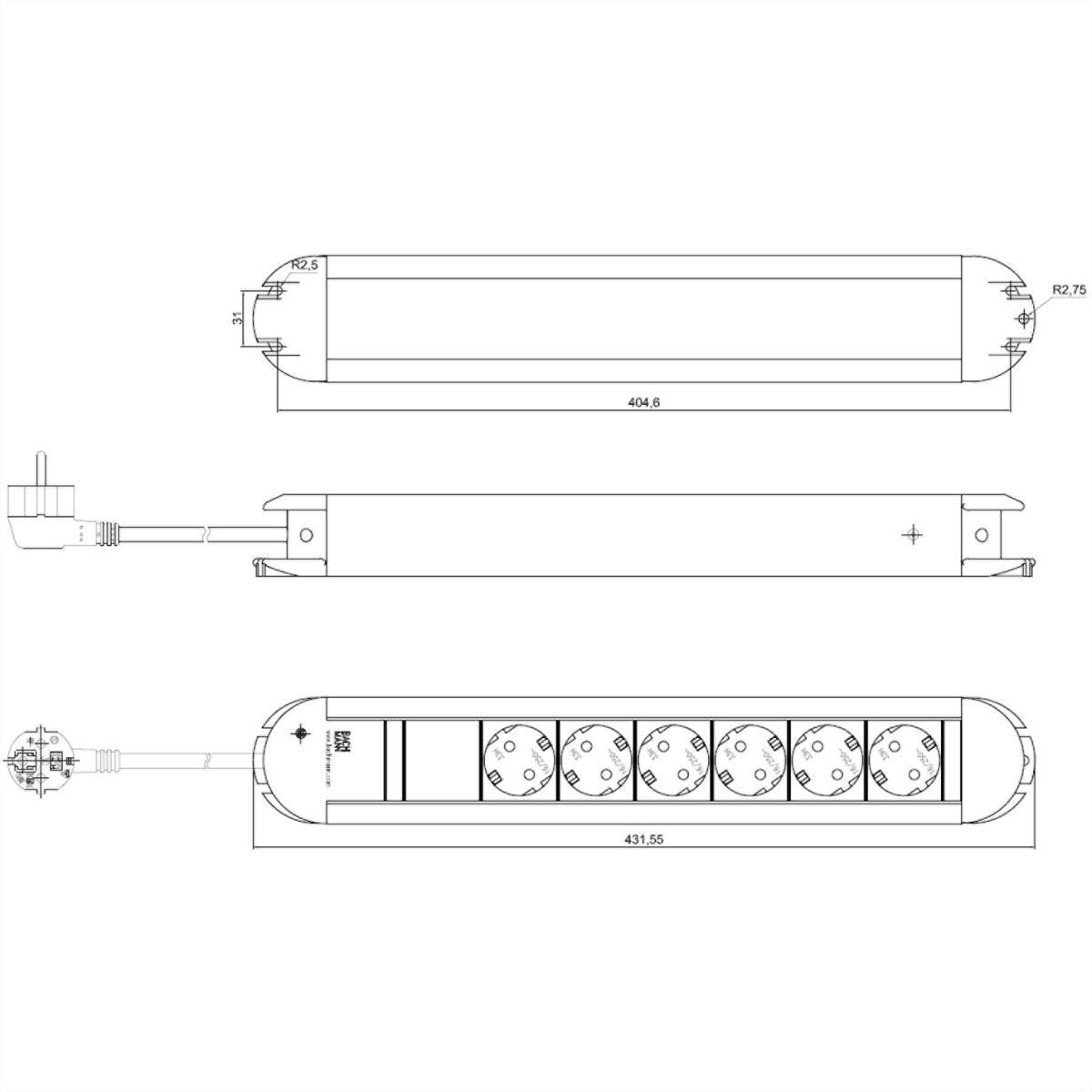 Bachmann PRIMO Steckdosenleiste – 6× Schuko (Typ E/F), 2 m, ohne Schalter, Aluminium/Schwarz