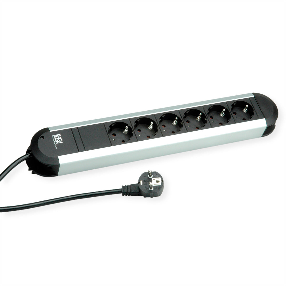 Bachmann PRIMO Steckdosenleiste – 6× Schuko (Typ E/F), 2 m, ohne Schalter, Aluminium/Schwarz
