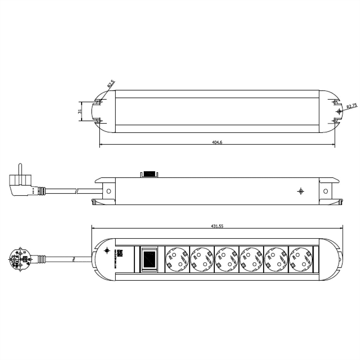 Bachmann PRIMO Steckdosenleiste – 6× Schuko (Typ E/F), 1,75 m, mit Schalter, Schwarz/Silber
