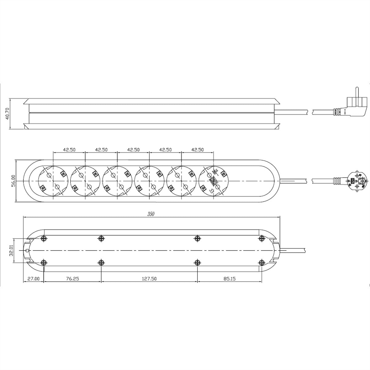 Bachmann Steckdosenleiste – 6× Schuko (Typ E/F), 3 m, ohne Schalter, weiss