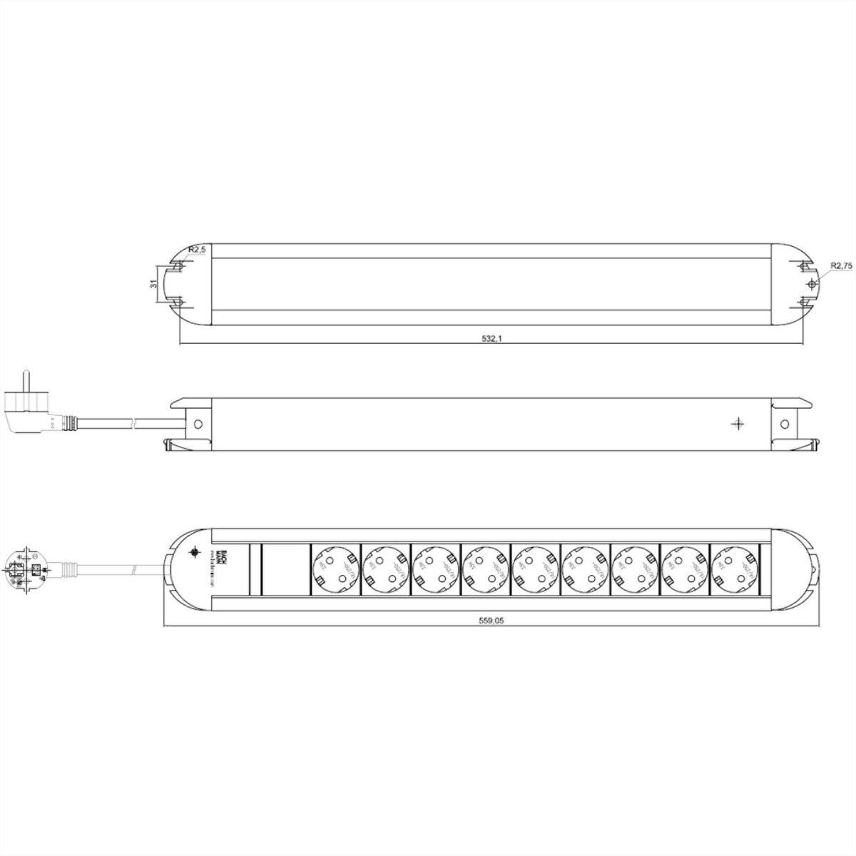 Bachmann PRIMO – Steckdosenleiste, 9× CEE7/3, ohne Schalter, 1,75 m, Stecker CEE7/7
