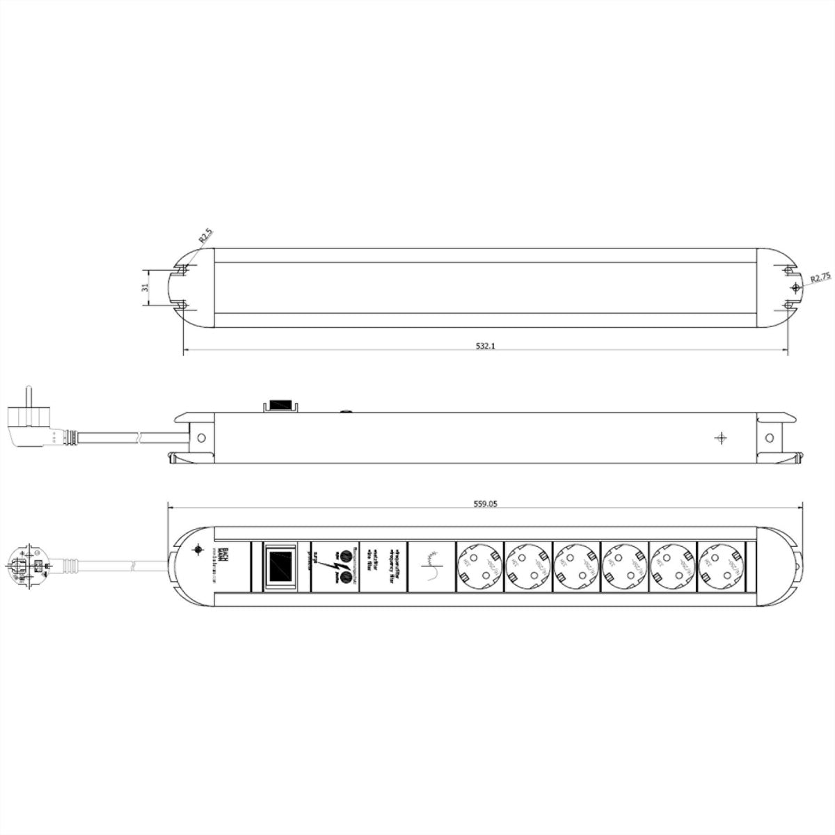 Bachmann PRIMO – Steckdosenleiste, 6× T13, mit Schalter, 1,75 m