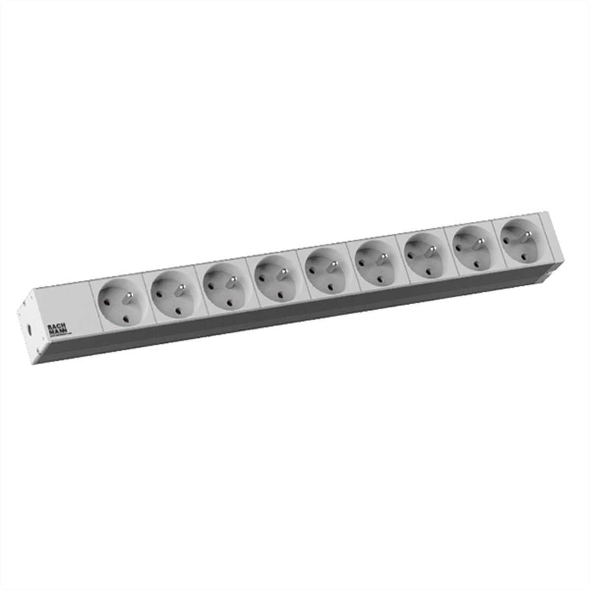 Bachmann Einbausteckdosenleiste 9×UTE, 19" 1HE, Eingang Schutzkontaktwinkelstecker (CEE 7/7), 2 m – Grau
