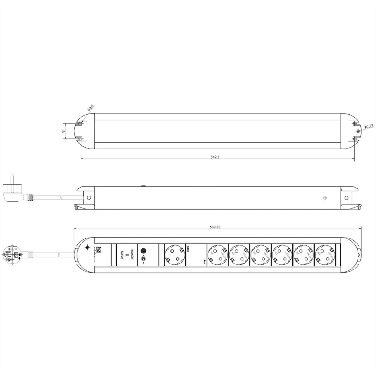 Bachmann PRIMO Steckdosenleiste – 7× T13, 1,75 m, mit Schalter, Schwarz