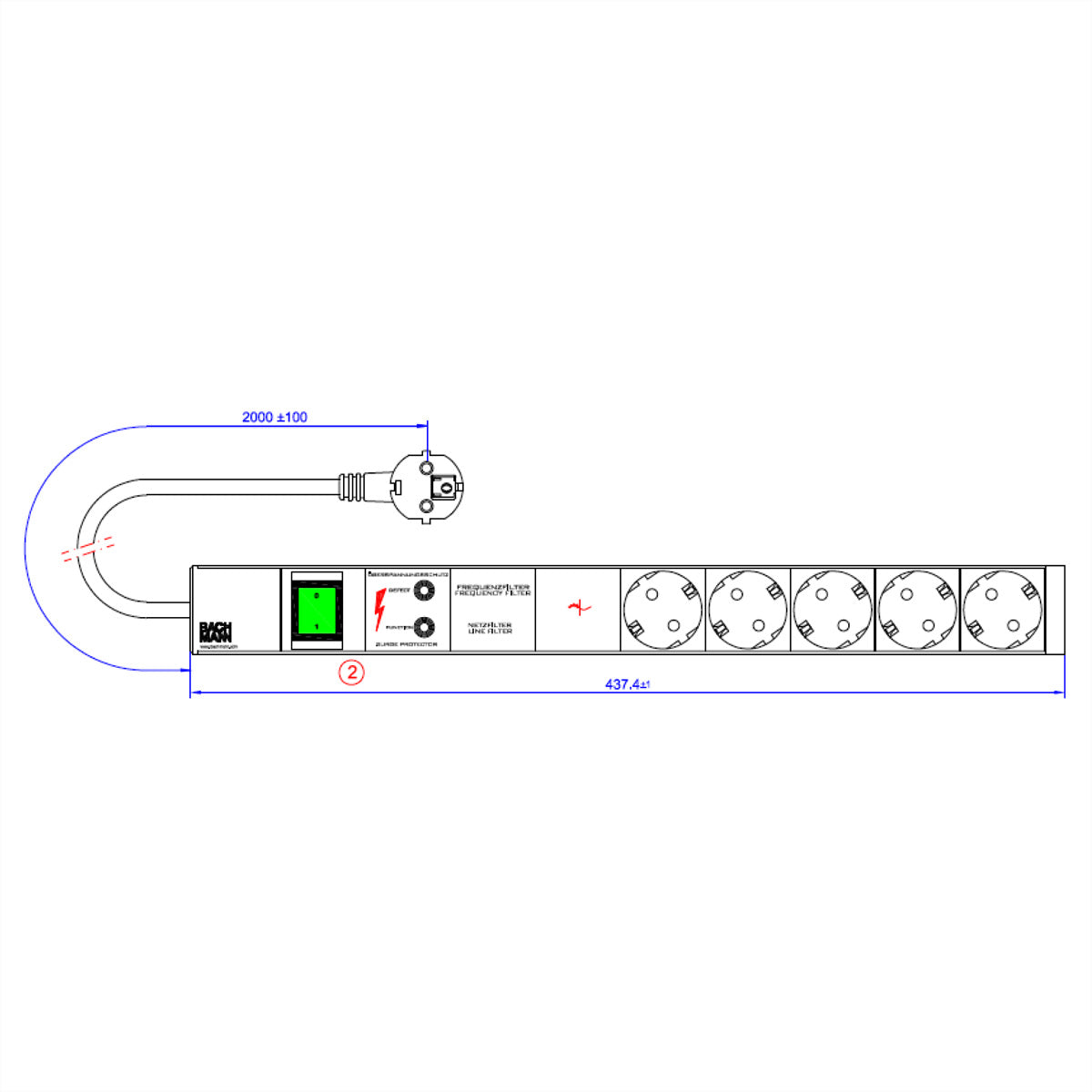 Bachmann Rack-PDU – 1U, 5× Schuko (Typ E/F), Schutzkontakt, 230 V/16 A, 2 m, mit Gerätevollschutz