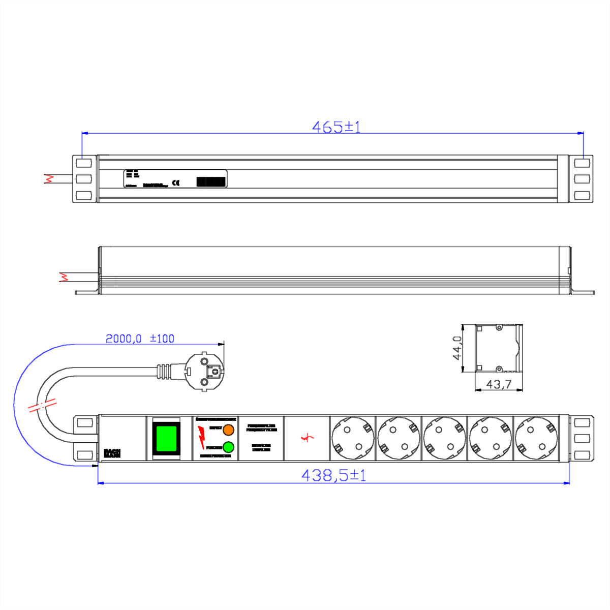 Bachmann 19" Steckdosenleiste, 5× Schuko (Typ F), mit Schalter, 2 m, Stecker Schutzkontakt (Typ E/F)