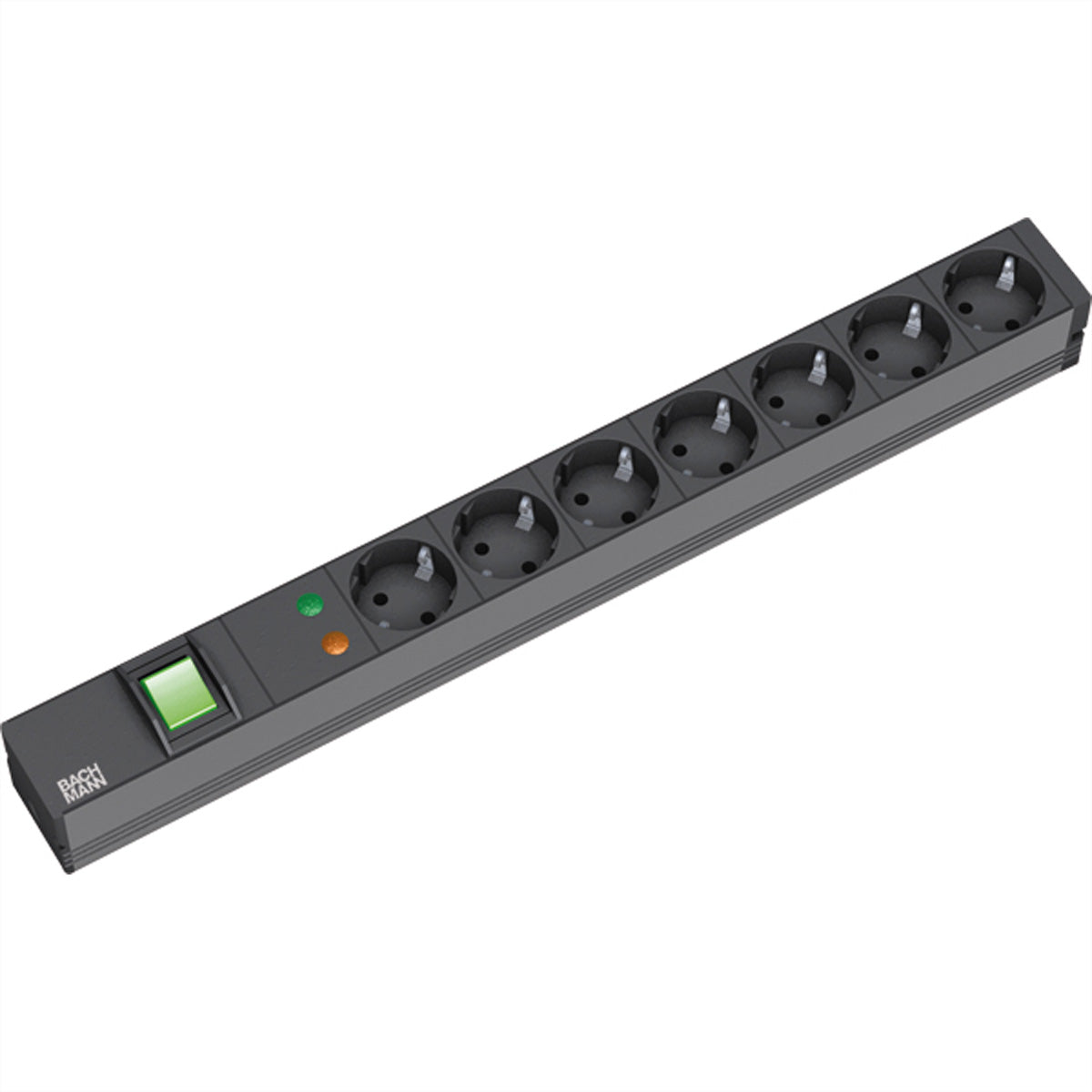 Bachmann 19" Steckdosenleiste mit Überspannungsschutz 3600 W – 7 Schutzkontaktsteckdosen, 1U, Schwarz