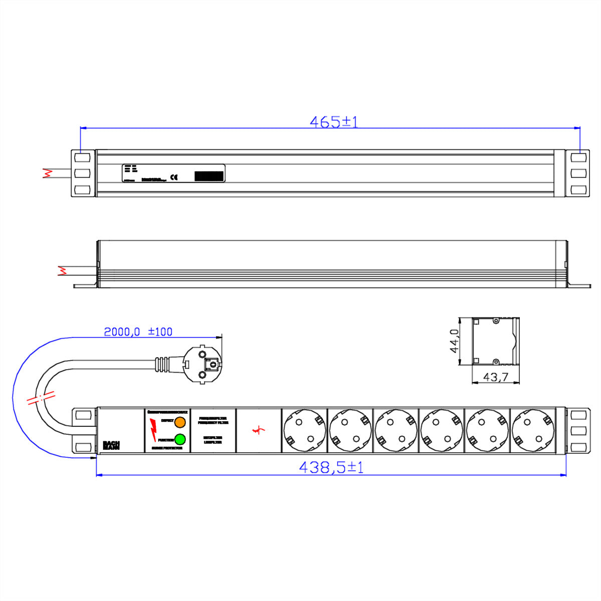 Bachmann 19" Steckdosenleiste – 6× Schuko (Typ F), 2 m, ohne Schalter, mit Gerätevollschutz, grau