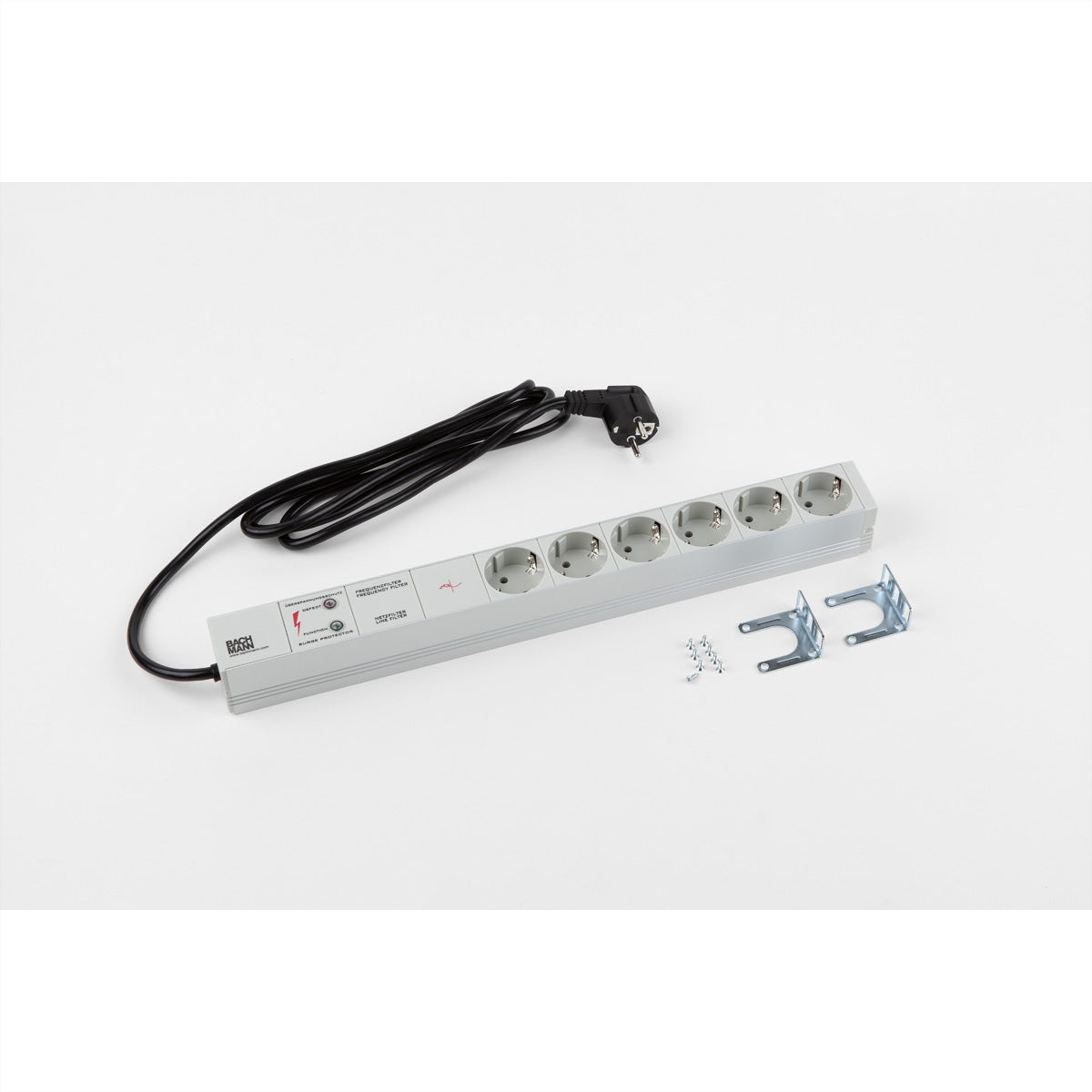 Bachmann 19" Steckdosenleiste – 6× Schuko (Typ F), 2 m, ohne Schalter, mit Gerätevollschutz, grau