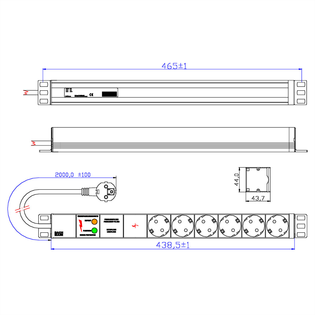 Bachmann Rack-PDU – 1U, 6× T13, Schuko (Typ E/F), 230 V/16 A, 2 m